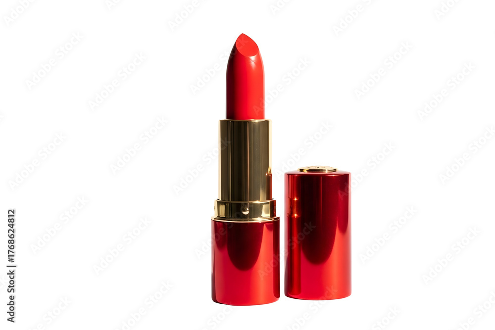 Obraz premium Red lipstick with colorful ink explosion isolated on transparent background