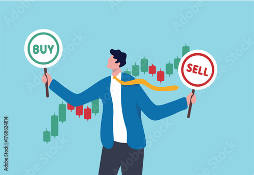 Buy or sell in stock market and crypto currency trading, investment decision, wealth management or financial concept, businessman investment analyst holding buy or sell sign with candlestick chart.