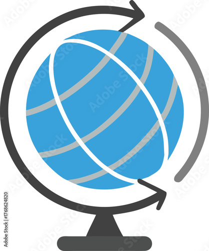 Globe icon with arrows world map global business travel education technology orbiting rotation navigation geography international communication connection network planet earth sphere round blue gray i