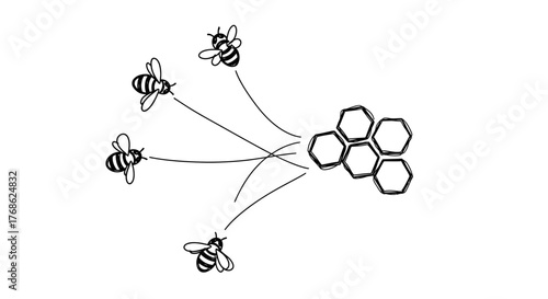 Illustration of four bees flying towards a honeycomb structure, symbolizing teamwork and nature's industry