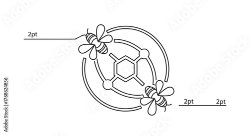 Abstract illustration of bees around a molecular structure, symbolizing nature and science connection