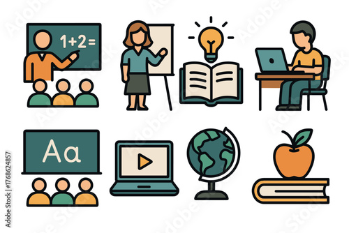 Colorful icons depicting various educational themes, including teaching, learning, technology, and global knowledge.