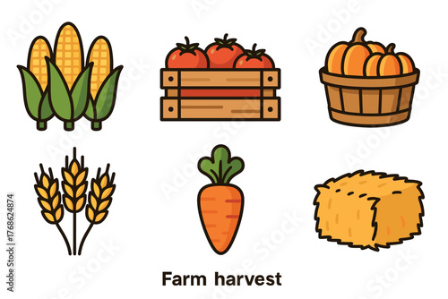 Collection of colorful farm harvest icons featuring corn, tomatoes in a wooden crate, pumpkins, wheat, a carrot, and a hay bale.