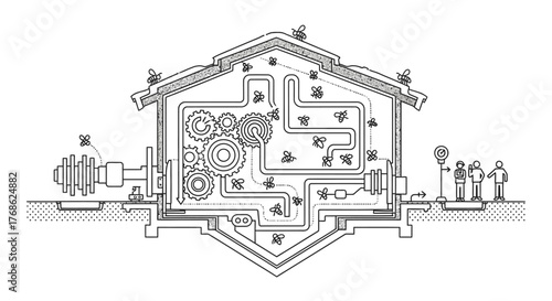 Conceptual illustration of a complex bee hive system with gears, pipes, and bees working together to produce honey