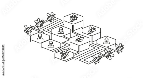 Abstract illustration of bees and honeycomb structures representing teamwork, organization, and a connected system