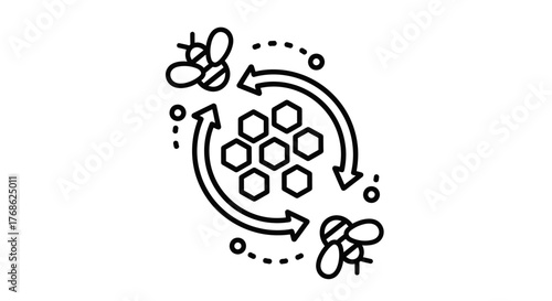 Bee Pollination Cycle Icon: Illustrating the essential ecological process of bees interacting with honeycomb, symbolizing nature's balance and honey production.