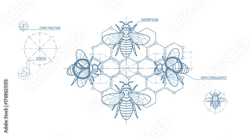 Blueprint illustration of a bee colony functioning as a data processing network, symbolizing efficiency, teamwork, and technological innovation in a hive mind concept.