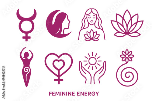 Magenta symbols of feminine energy, including a lotus, goddess, heart with venus symbol, and hands open to a radiant sun.