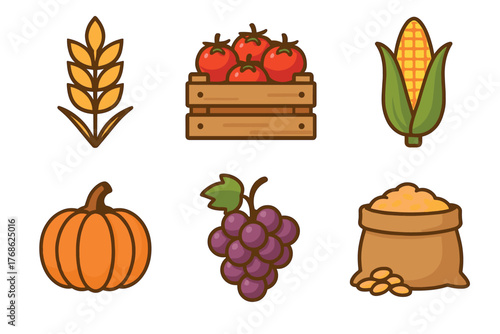 Collection of colorful icons depicting a wheat stalk, crate of tomatoes, corn cob, pumpkin, grape bunch, and sack of corn kernels.