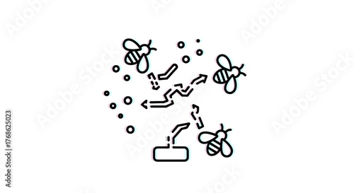 Minimalist Line Art Icon of Bees Swarming Around an Attractor Device, Representing Beekeeping, Pollination, and Insect Control