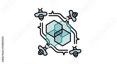 Abstract illustration of bees interacting with a decentralized data network, symbolizing blockchain technology, collaborative work, and digital ecosystem efficiency.