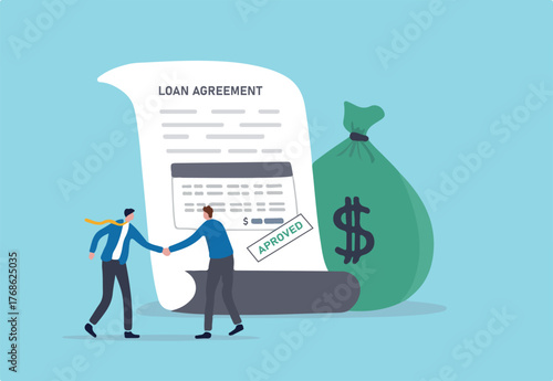 Loan agreement borrow money from bank, mortgage, debt or obligation to pay back interest rate, personal loan or financial support concept, businessman shaking hand with loan agreement and money bag.