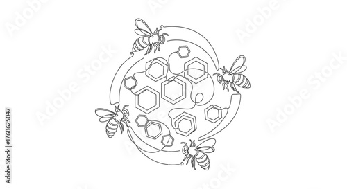 Abstract Line Art Illustration of Bees Surrounding Hexagonal Shapes, Representing Honeycomb, Beehive, Natural Chemistry, and Sustainable Process