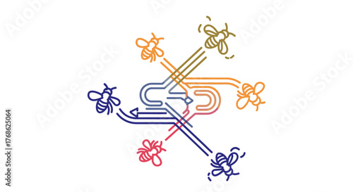 Abstract illustration of colorful bees connecting to a central network hub, symbolizing teamwork, communication, and collaboration in a complex system.