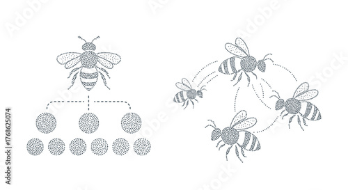 Vector illustration depicting bee social structures: a queen bee with offspring and a network of worker bees collaborating in a hive system.