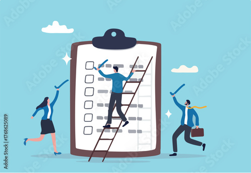 Finishing todo list, work checklist or accomplishment, project management, teamwork to get work done, complete plan concept, businessman coworkers help put checkmark on checkbox task list clipboard.