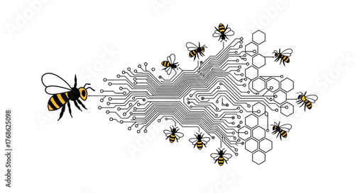 Digital swarm intelligence concept with a bee connected to a circuit board, illustrating network, distributed computing, AI, and collaborative systems.