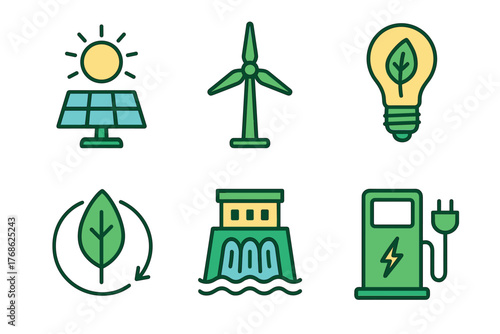 Simple colored icons representing renewable energy sources, including solar panels, wind turbine, light bulb with leaf, leaf cycle, hydroelectric dam, and electric fuel pump.