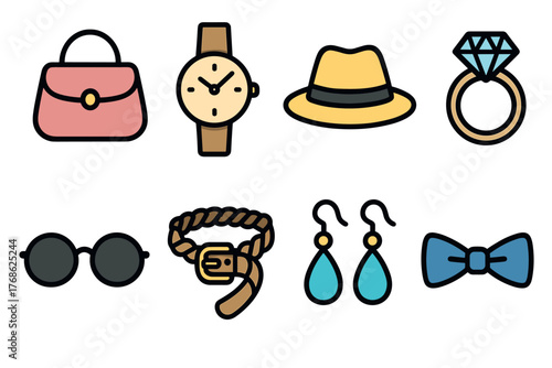 Collection of colorful accessory icons including a pink purse, wristwatch, yellow hat, diamond ring, round glasses, belt, earrings, and blue bow tie.