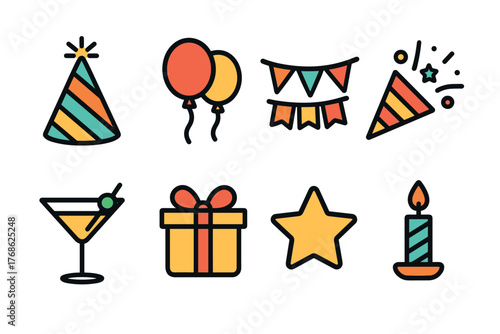 Colorful celebration icons featuring a party hat, balloons, banners, confetti popper, cocktail, gift box, star, and candle, each outlined in black.