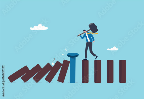 Business continuity and recovery, crisis management, proactive to protect disaster and risk, prevention or strategy to avoid danger concept, businessman put the nail to protect domino effect collapse