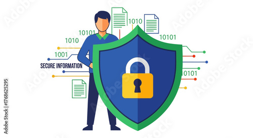 Data protection concept with person holding shield and lock.