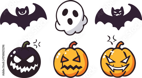 Spooky Halloween Icons: Bats, Ghost, and Jack-o'-Lanterns