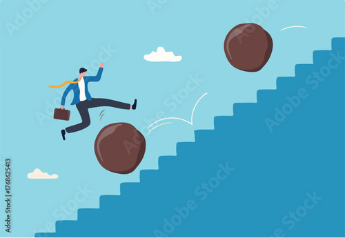 Overcome obstacle, effort or adversity for business growth, difficulty, challenge to win competition, skill or leadership concept, businessman jump over falling boulder to climb up stair of success