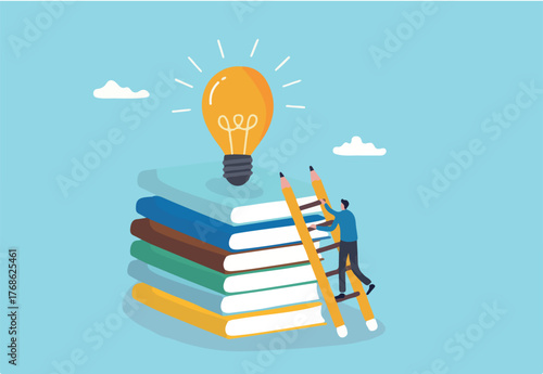 Creativity, knowledge to achieve success, imagination or education to develop skills, inspiration or finding solution concept, young adult man climb up ladder on book stack to find creative lightbulb