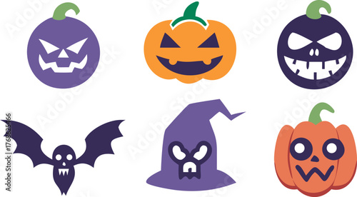Spooky Halloween Icons: Pumpkins, Bat, and Witch Hat
