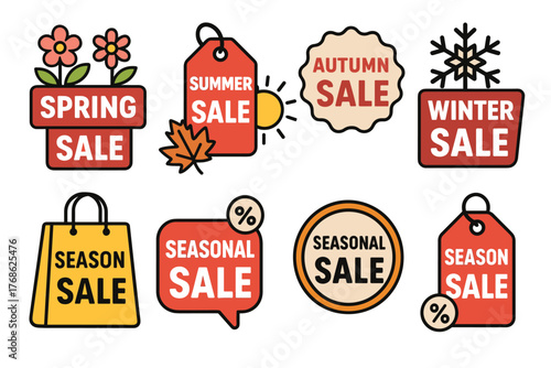 Set of colorful seasonal sale tags with floral, sun, leaf, and snowflake designs for spring, summer, autumn, and winter promotions.