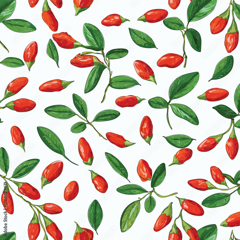 Obraz premium Illustration of goji berries with green leaves scattered on a white background in a seamless pattern