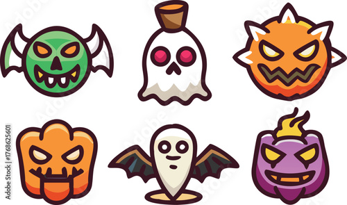 Spooky Halloween Icons: Pumpkins, Ghosts, and a Bat-like Creature