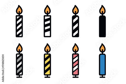 Eight colorful birthday candles with striped and solid patterns, arranged in two rows, each lit with a small flame.