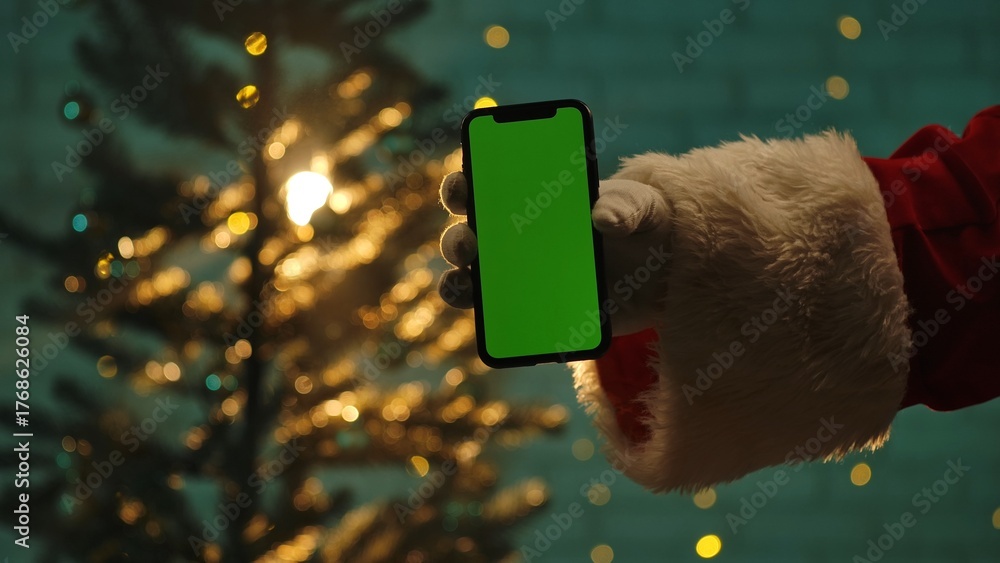 Obraz premium Santa hand holds a smartphone with a green screen in front of a Christmas tree, ready for customization.