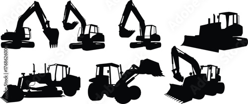Construction vehicles silhouette, excavator, bulldozer, grader, backhoe loader, tractor, heavy machinery, industrial equipment, black icons, side view, isolated graphic