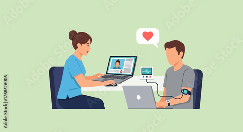 Caring telehealth doctor monitors patient's vitals remotely during online consultation, fostering connection and personalized healthcare from the comfort of home