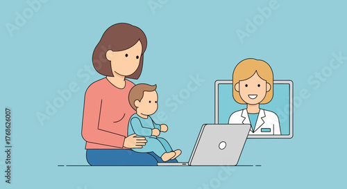 Mother and baby consult doctor online via laptop, connecting through telehealth for convenient pediatric care and peace of mind at home with virtual visit