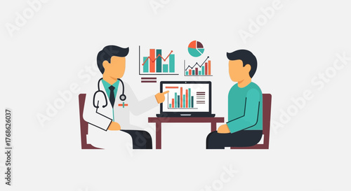 Doctor explaining test results to patient using modern data analytics on laptop, offering personalized care and treatment options for improved health outcomes