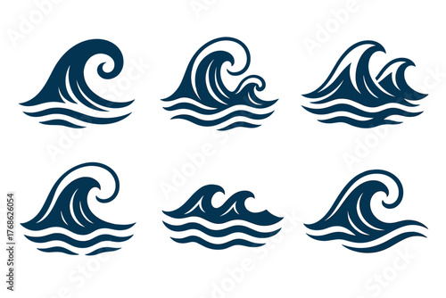 Six stylized dark blue wave icons in various crest shapes representing ocean and sea themes.