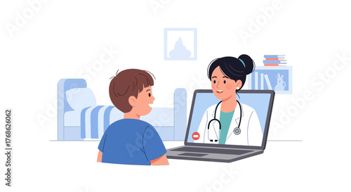 Child gets friendly telemedicine consultation from doctor via laptop, enjoying convenient virtual healthcare in a calm environment, fostering trust and well-being