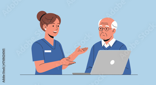 Friendly nurse explaining care plan to senior patient using laptop, offering support and guidance during a consultation, building trust and rapport for wellness.