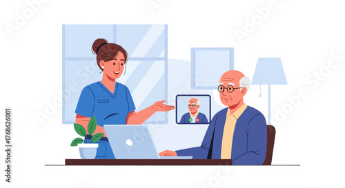 Caring nurse providing virtual consultation for elderly patient using laptop telemedicine, promoting senior health and compassionate digital healthcare access