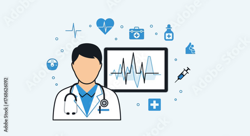 Professional medical consultation illustration with doctor and heart health icons, perfect for healthcare marketing and medical technology campaigns