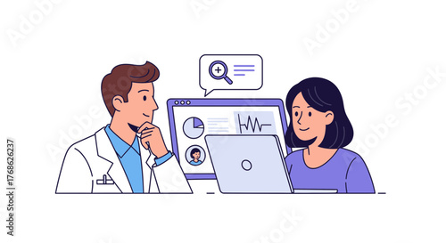 Professional doctor and patient collaborating with digital health data on modern computer screen, discussing diagnosis and treatment options.
