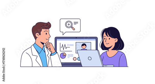 Confident doctor and patient collaborate on digital health insights, discussing data on laptop screen and magnifying glass icon.