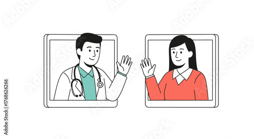 Friendly doctor and patient connect virtually, waving hello in a telehealth consultation for modern healthcare convenience