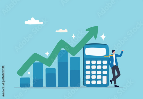Calculate revenue growth, growing income or investment earning, tax, accounting or profit calculation, financial evaluation concept, businessman with calculator and growth chart diagram growing arrow