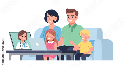 Happy family connects with doctor online for telehealth consultation, ensuring convenient healthcare access from home comfort