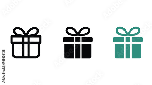Three stylized gift box icons with bows are presented in outline, solid black, and teal.
